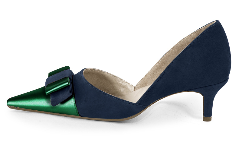 Emerald green and navy blue women's open arch dress pumps. Pointed toe. Medium slim heel. Profile view - Florence KOOIJMAN